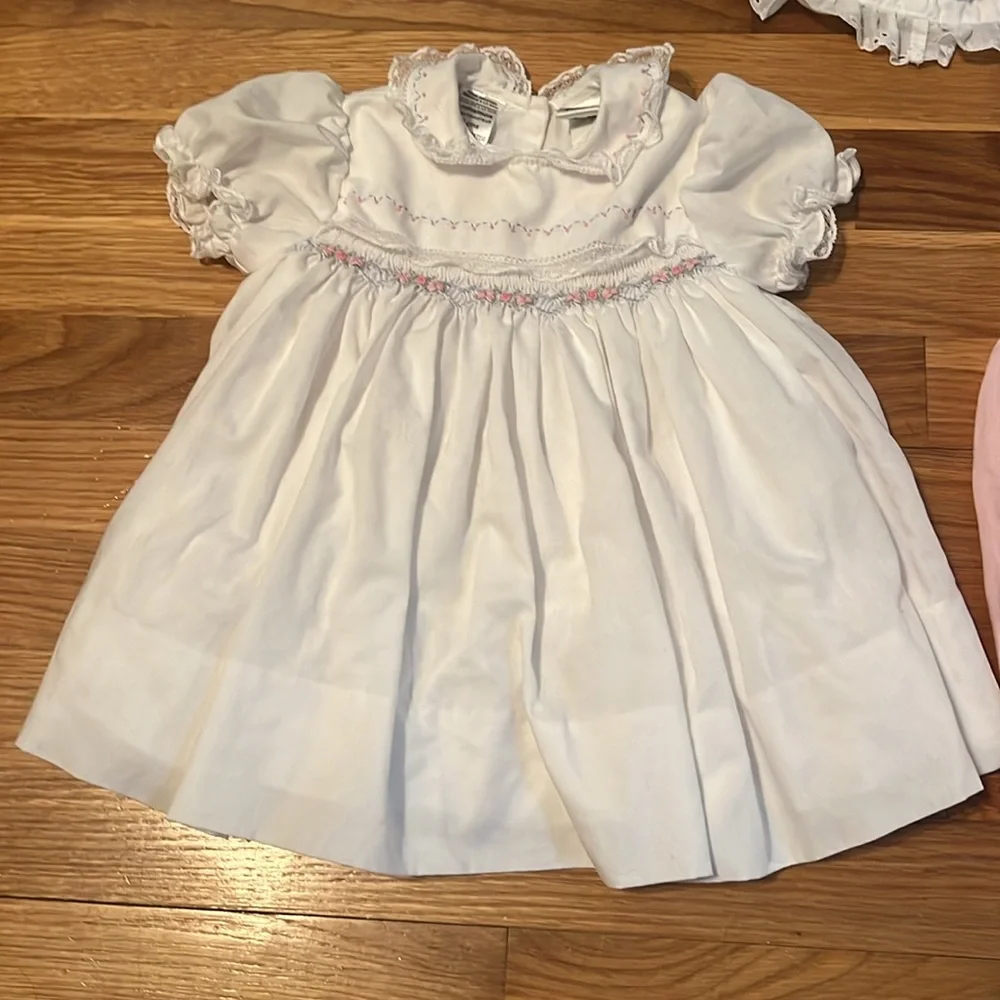 Baby Sarah Louise smocked White‎ Dress (6months), Pink butterfly Romper, and hat